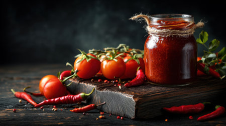 A rustic arrangement of fresh tomatoes and vibrant red chilies next to a glass jar filled with spicy chili sauce, perfect for culinary inspirations.の素材