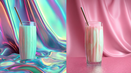 A captivating image of a pastel milkshake captured in a glass with a straw, set against a beautifully contrasting glossy background.の素材