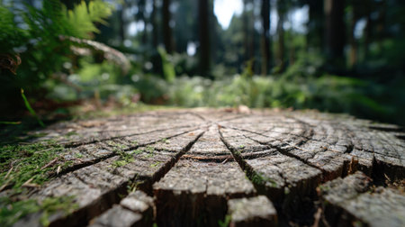 This captivating close-up image showcases a tree stump lying on the forest floor, surrounded by vibrant green plants and dappled sunlight.の素材