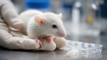 A close-up view of a white laboratory mouse being held in a gloved hand, showcasing a clean experimental environment for scientific research.の素材