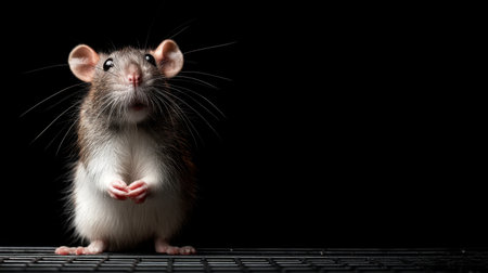 This enchanting portrait captures a curious rodent with large ears and bright eyes, evoking charm and playfulness against a stark black backdrop.の素材