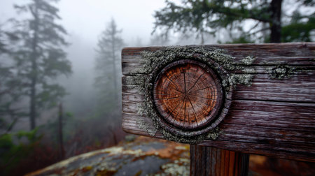 This image features a weathered wooden sign adorned with moss in a foggy forest setting, evoking a sense of tranquility and beauty.の素材
