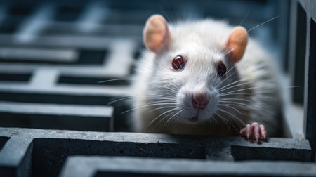 A close-up image of a white pet rat navigating a labyrinth, highlighting its curious nature and showcasing intricate textures and patterns.の素材