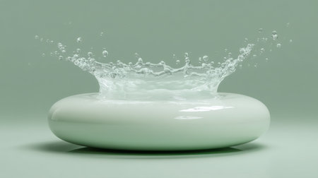 A captivating image showcasing a dynamic water splash in a sleek white bowl against a soft green backdrop, exuding modern elegance and simplicity.の素材
