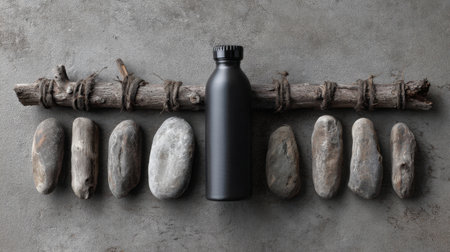 A sophisticated arrangement featuring smooth stones, a textured wooden stick, and a sleek black bottle, ideal for creative projects and designs.の素材