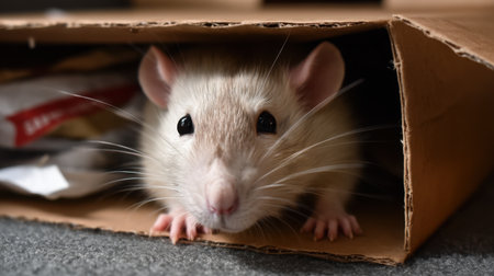 A curious light brown rat peeks out from a cardboard box, showcasing its adorable features. This image captures a playful moment in a cozy home environment, perfect for animal lovers.の素材