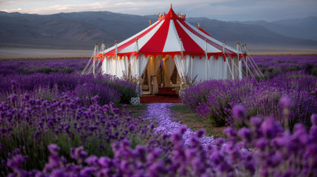 A mesmerizing tent stands amidst blooming lavender fields, creating a tranquil setting. The vibrant colors and calmness invite relaxation and exploration.の素材
