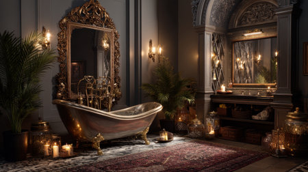 Discover a stunning vintage bathroom scene, featuring an ornate tub, elegant mirror, and soft candlelight, creating a soothing and luxurious atmosphere.の素材