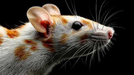 Captivating close-up view of a spotted white mouse with orange markings, showcasing its delicate features against a dramatic black backdrop.の素材