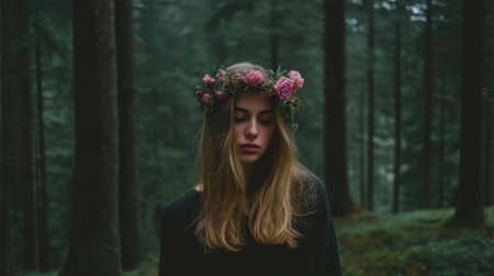 A young woman stands gracefully in a misty forest, adorned with a floral crown. The lush greenery creates a serene atmosphere, evoking feelings of peace and connection to nature.の素材