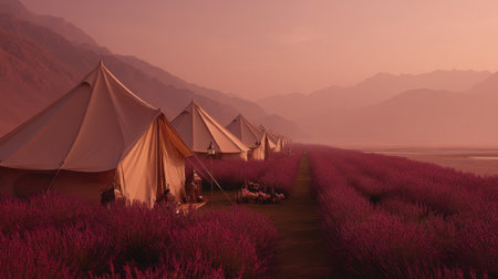 Experience a tranquil moment in a stunning lavender field, with tents softly illuminated by a pink sunset against majestic mountains.の素材