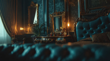 Experience the allure of a luxurious vintage bedroom, adorned with elegant decor, intricate mirrors, and rich textures that create a warm atmosphere.の素材