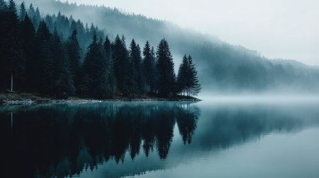 A peaceful view of a misty lake surrounded by a dense pine forest at dawn. Soft hues of blue and gray reflect on still water, creating a serene atmosphere.の素材