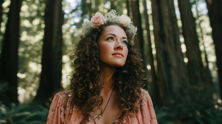 A tranquil portrait of a woman wearing a floral crown in a lush redwood forest. Bathed in dappled sunlight, she embodies serenity and natural elegance.の素材