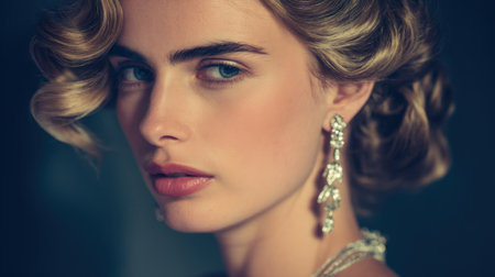 Captivating portrait of a woman displaying vintage elegance with soft curls and stunning jewelry, embodying beauty in soft lighting that enhances her features.の素材