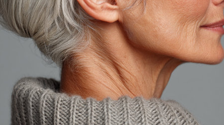 A serene profile of a mature woman with short grey hair, showcasing her natural beauty and elegance in a cozy sweater against a soft background.の素材