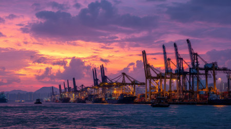 A stunning sunset scene depicting a busy port with cranes and vessels silhouetted against a dramatic, colorful sky reflecting on the water.の素材