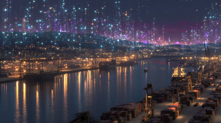 A stunning nighttime cityscape showcases an illuminated harbor filled with cargo ships, reflecting softly on calm waters under a starry sky.の素材