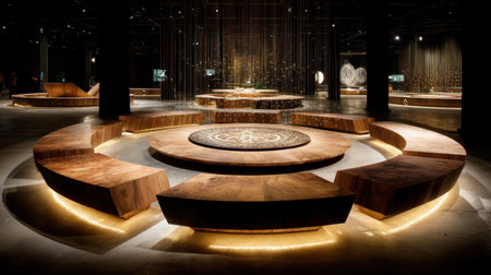 This image showcases a modern exhibition space featuring elegant wooden furniture and ambient lighting, creating a unique atmosphere for events.の素材