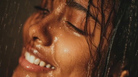 A close-up of a young woman in a shower, capturing her radiant smile and the glistening droplets on her face, embodying pure joy and serenity.の素材
