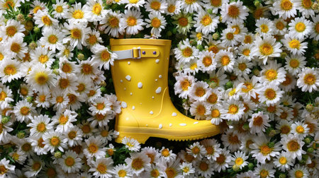 A bright yellow rubber boot sits surrounded by a lush bed of white daisies, creating a playful and inviting spring scene full of joy and color.の素材