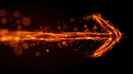 A stunning image of a fiery arrow made of flames, glowing brightly against a black background, embodying energy and movement. Perfect for dynamic visuals.の素材