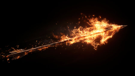 A stunning digital artwork depicting a flaming arrow in swift motion, emitting bright flames and sparks against a dark backdrop.の素材
