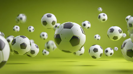 A striking arrangement of soccer balls appears to float in mid-air against a lively green backdrop, symbolizing energy and sport.の素材