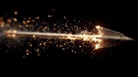 Stunning image of an arrow in high-speed motion, showcasing vibrant spark effects against a dark background, perfect for action-themed designs.の素材