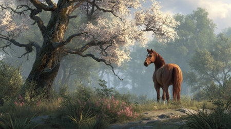 A magnificent brown horse stands under a blooming tree, surrounded by lush greenery and vibrant flowers, capturing the essence of nature's beauty and tranquility.の素材