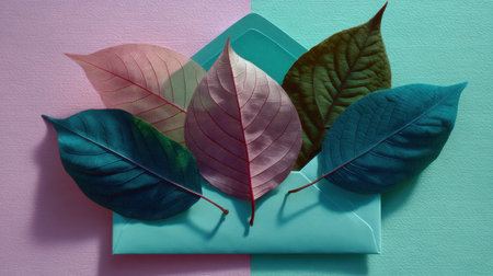 A captivating arrangement of colorful leaves on a pastel envelope background highlighting the beauty of nature and creativity in design.の素材