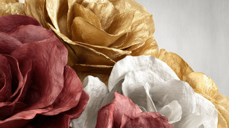 Discover an exquisite collection of paper flowers showcasing vibrant red, elegant white, and shimmering gold. Perfect for artistic decor.の素材