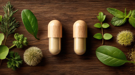 Captivating scene showcasing natural herbal supplements alongside fresh green leaves on a wooden surface, emphasizing wellness and organic beauty.の素材