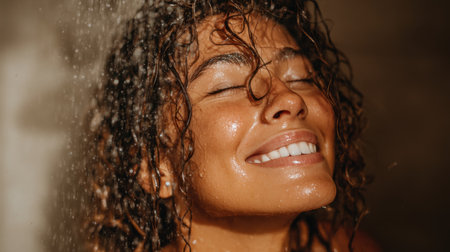 A joyful woman experiencing the refreshing sensation of a shower, with water droplets glistening on her skin. Her radiant smile captures a moment of pure bliss and relaxation.の素材