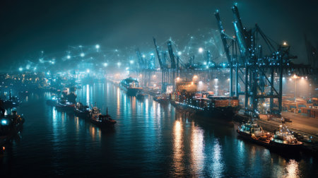 A captivating aerial scene of a busy port at night, showcasing lit cranes and cargo ships as they navigate tranquil waters, highlighting industry and transport.の素材