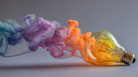 A stunning light bulb surrounded by swirling colors of smoke, representing creativity and innovation, ideal for inspiring visuals and modern design.の素材