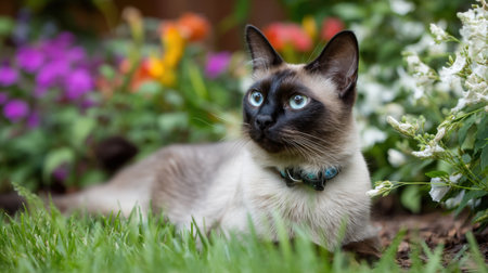 A stunning Siamese cat lounges gracefully in a vibrant flower garden, surrounded by colorful blooms, exuding calm and beauty in nature.の素材