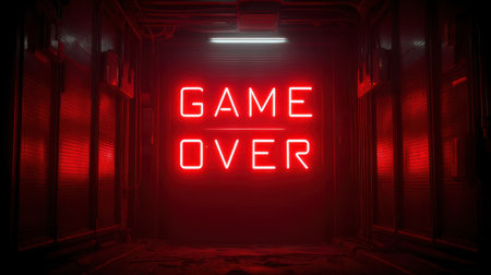 A striking neon sign that reads "GAME OVER" illuminates a dark industrial alley, creating an ominous atmosphere perfect for gaming themes.の素材