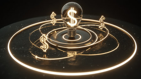 This image features a light bulb encircled by dollar signs, representing the fusion of innovative ideas and financial success in a contemporary setting.の素材