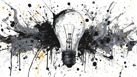 This abstract artwork features a light bulb surrounded by explosive black splashes and golden accents, representing creativity and innovation.の素材