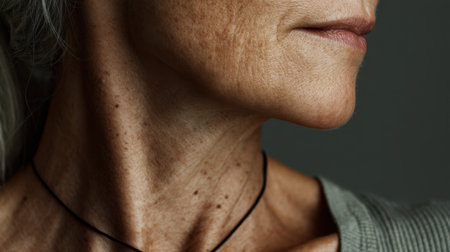 A captivating close-up portrait of an elderly woman, highlighting fine lines and unique skin texture. The image captures the beauty of aging with gentle natural light, showcasing her serene expression and life experience.の素材