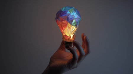 A hand gracefully holds a colorful, geometric light bulb, radiating vibrant colors. This stunning piece represents creativity, innovation, and modern design.の素材