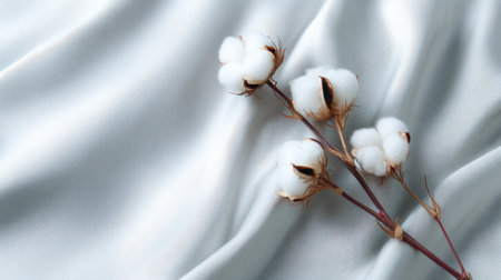 A delicate cotton branch rests on a smooth, silky fabric backdrop, showcasing the beauty of nature and the softness of textiles in harmony.の素材
