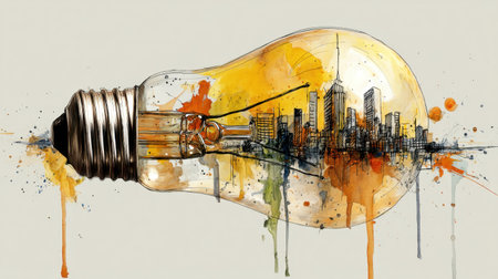 This vibrant watercolor illustration features a light bulb filled with a city skyline, symbolizing innovation and creativity in urban design.の素材