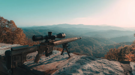 A long-range rifle rests on a rocky outcrop, overlooking a stunning mountain vista during dusk. The calm landscape showcases vibrant colors and serene beauty, perfect for nature enthusiasts and adventure seekers.の素材