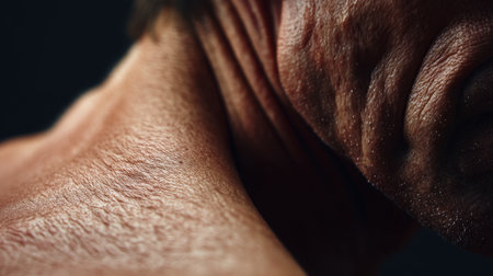 This high-resolution close-up image showcases intricate details of human skin on the neck, emphasizing wrinkles, creases, and fine hair follicles.の素材