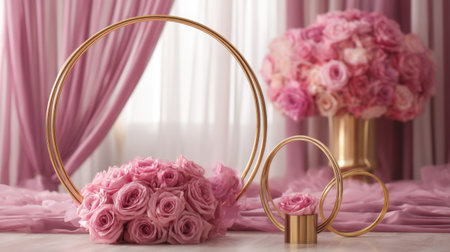 A stunning arrangement of pink roses in a golden circular display, accentuated by soft drapery in the background, perfect for elegant events or decor.の素材