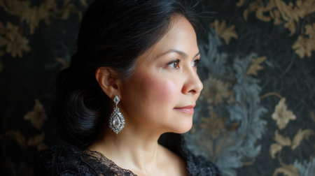 A captivating profile of a woman adorned with exquisite earrings, showcasing elegance and tranquility against a beautifully patterned background.の素材