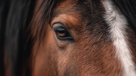 This close-up image showcases the intricate details of a horse's eye, revealing a deep and serene expression that captures the beauty of nature and wildlife.の素材