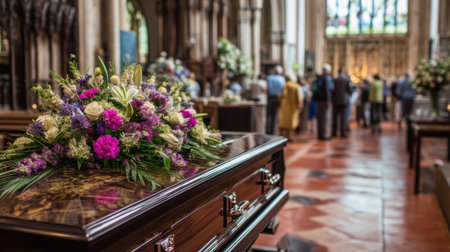 An elegant floral arrangement rests on a wooden casket in a cathedral setting during a solemn funeral service with mourners gathered in the background.の素材